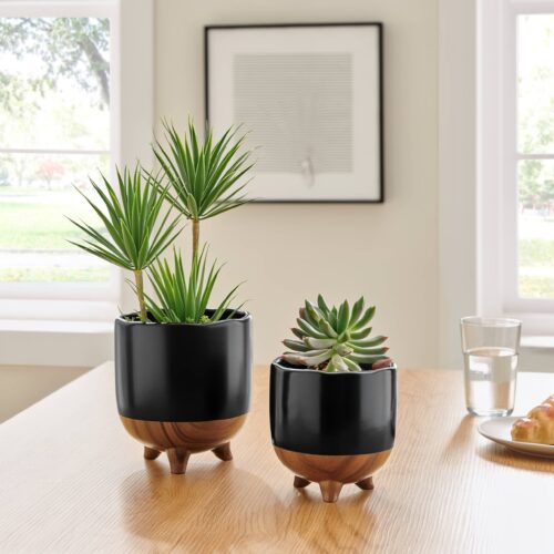 Mortar Flower Pot Planter Set of 2 Black and Walnut