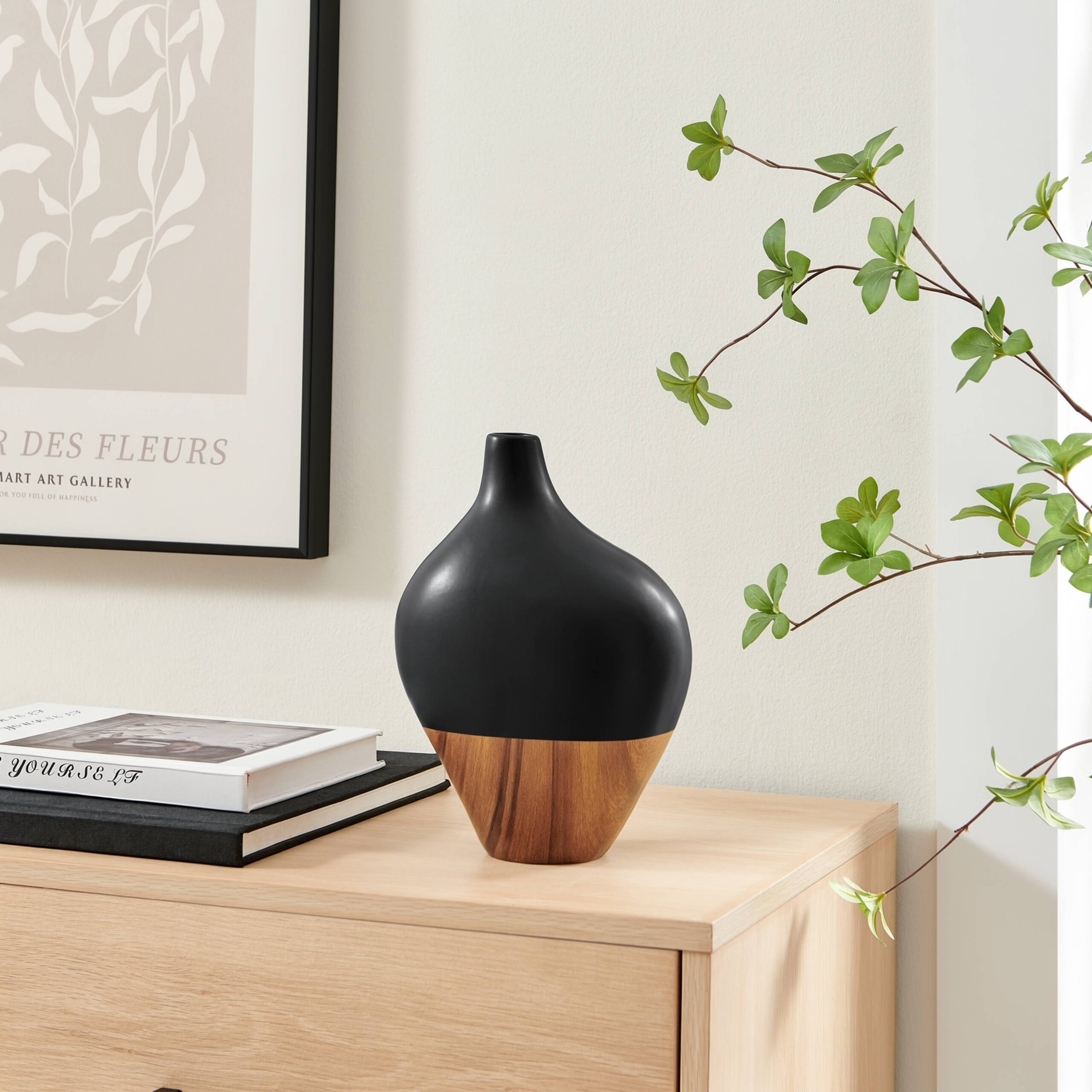 Canteen Asymmetrical Two Tone Vase Black and Walnut