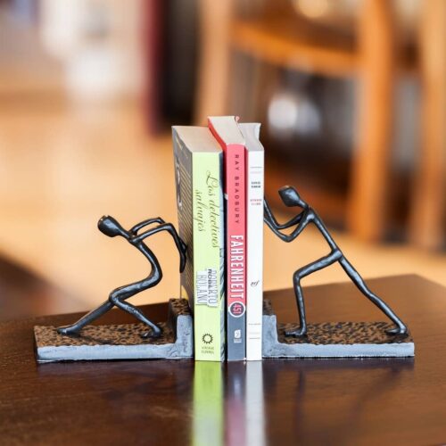 Men Pushing Metal Bookend Set