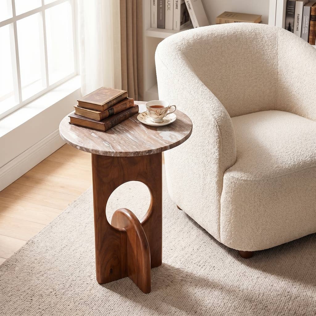 Sand Marble Wood Cutout Sculpture Base Side Table