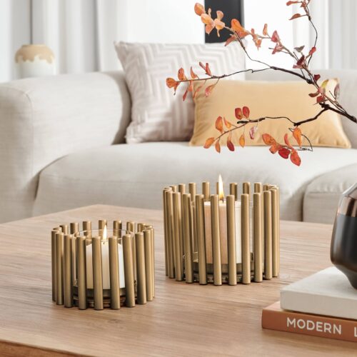 Pillar Ring Warm Gold Modern Candle Holders - Set of 2