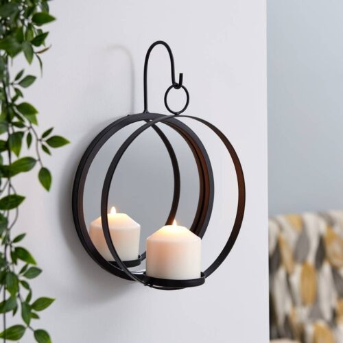 Round Wrought Iron Pillar Candle Sconce with Mirror