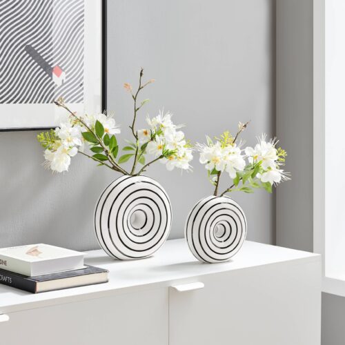 Glossy Ceramic Black White Striped Round Donut Vase Set