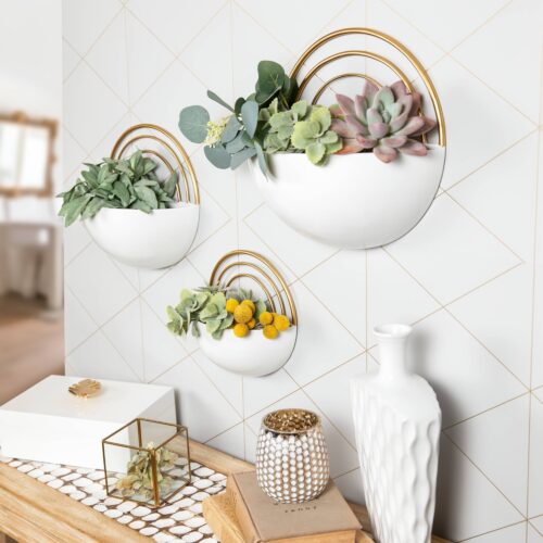 3-Piece Metal Wall Planter Set White w/ Gold Detail