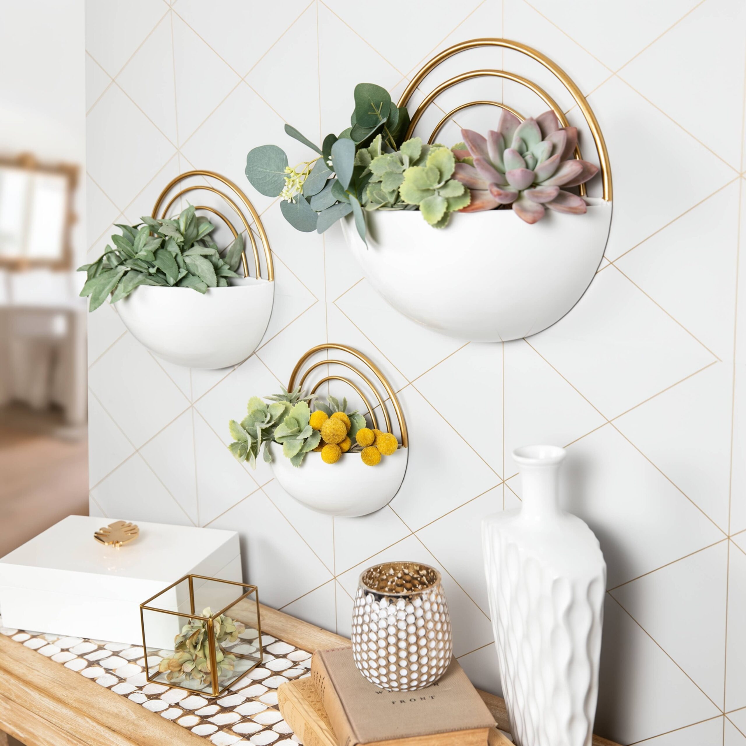 3-Piece Metal Wall Planter Set White w/ Gold Detail