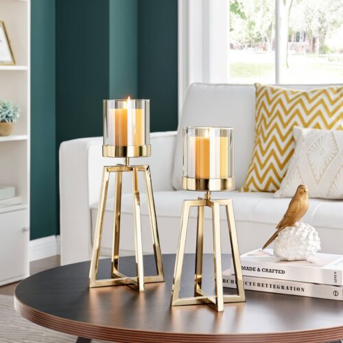 Gold Pedestal Hurricane Candle Holders - Set of 2