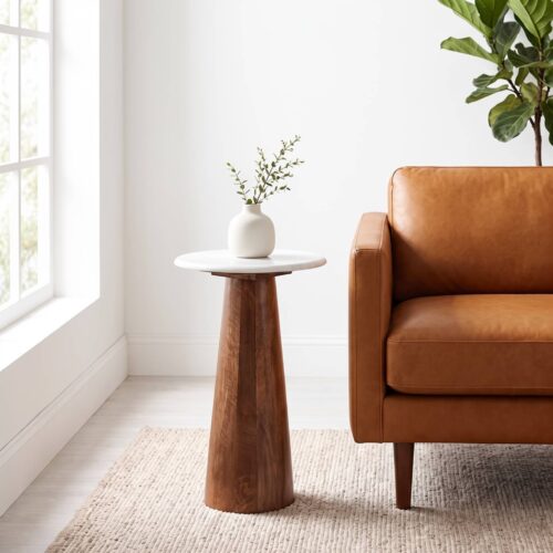 Marble Wood Tapered Cylinder Drink Table