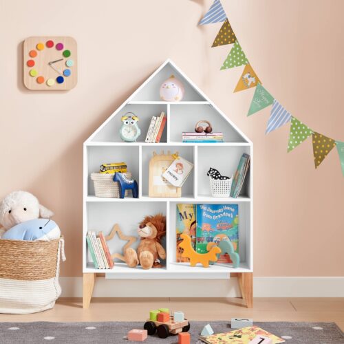 White Dollhouse Kids Bookshelf with Beech Legs
