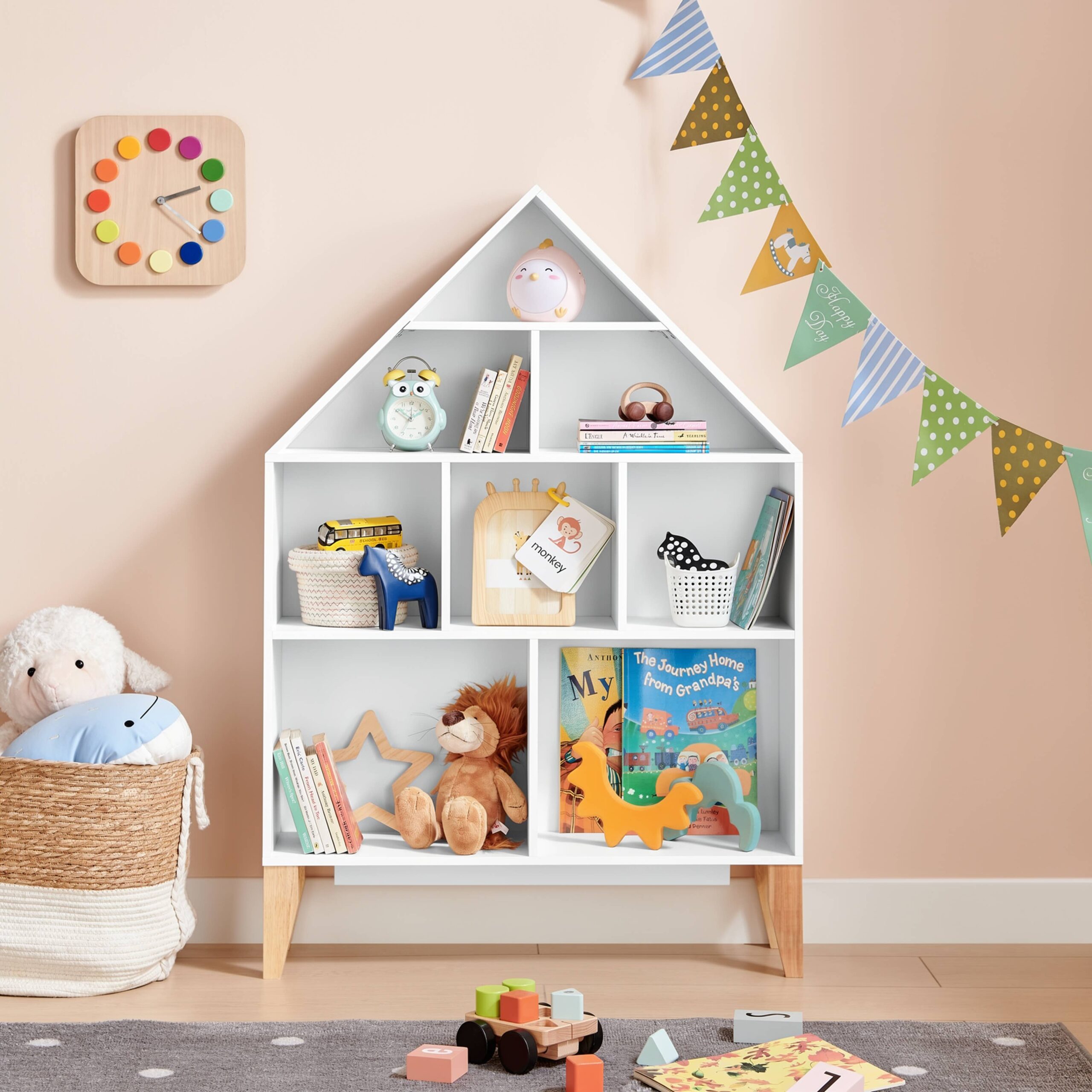 White Dollhouse Kids Bookshelf with Beech Legs
