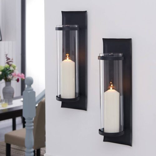Metal Pillar Candle Sconces with Glass Inserts ?C Set of 2