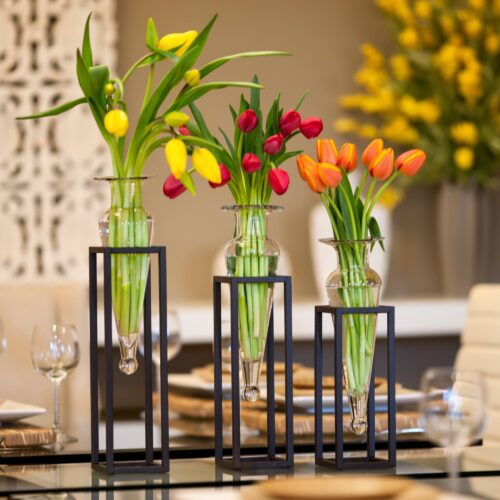 Set of 3 Clear Amphorae Vases On Square Tubing Met