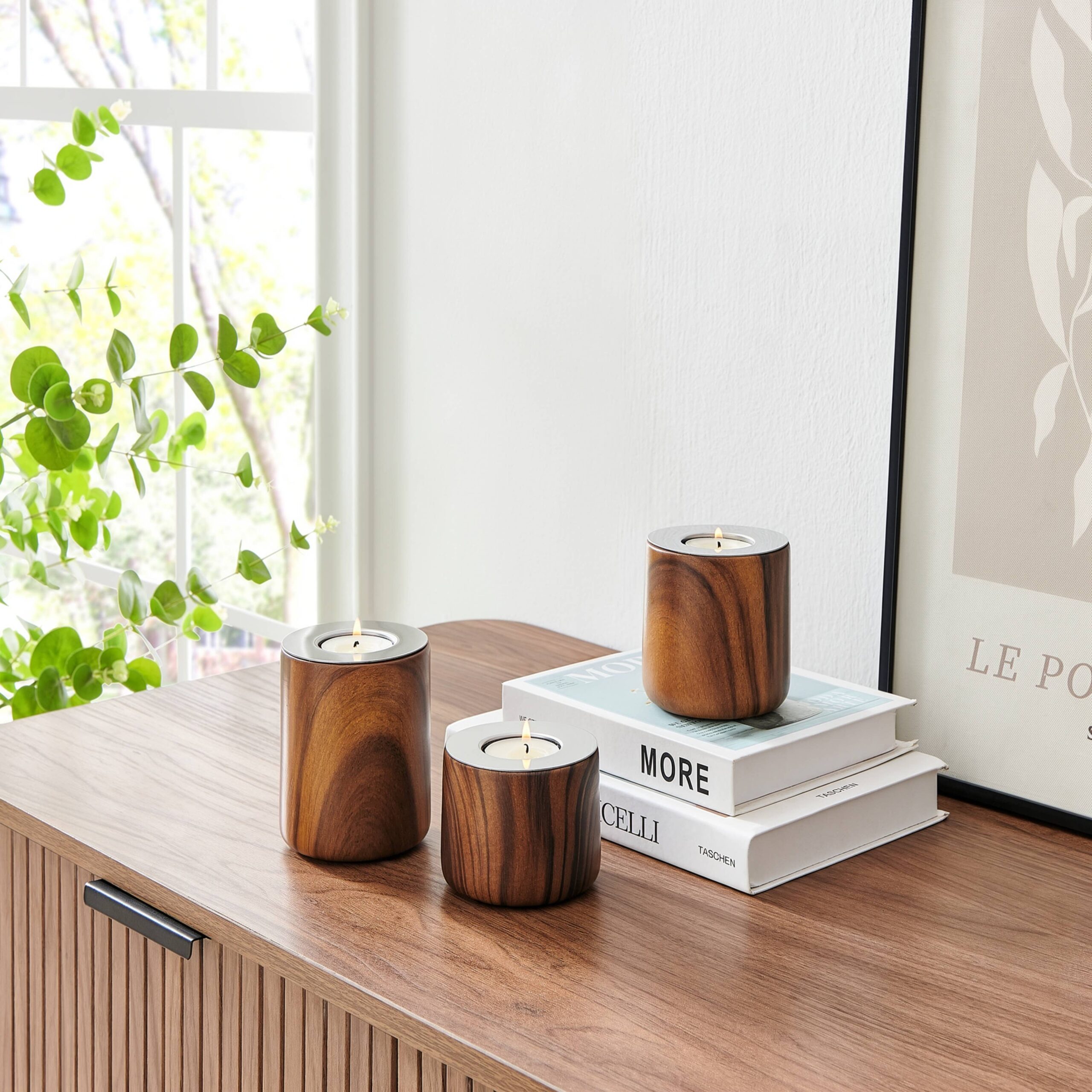 Modern Walnut Finish Tealight Candle Holder Set of 3