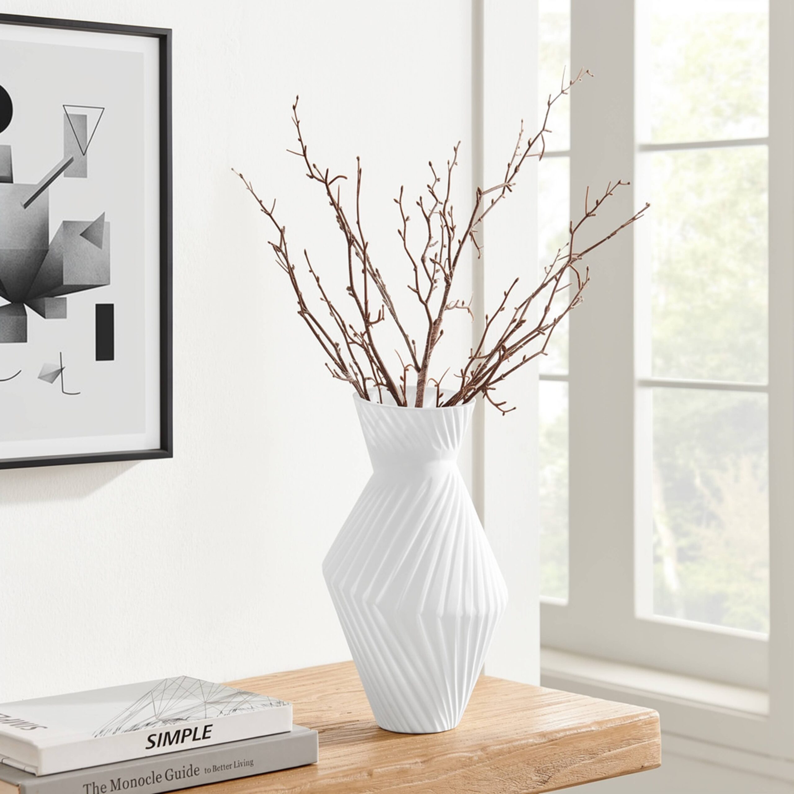White Contemporary Ribbed Angular Glass Tabletop Vase