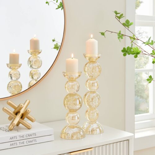 Champagne Gold Bubble Glass Orb Candle Holder Set of 2