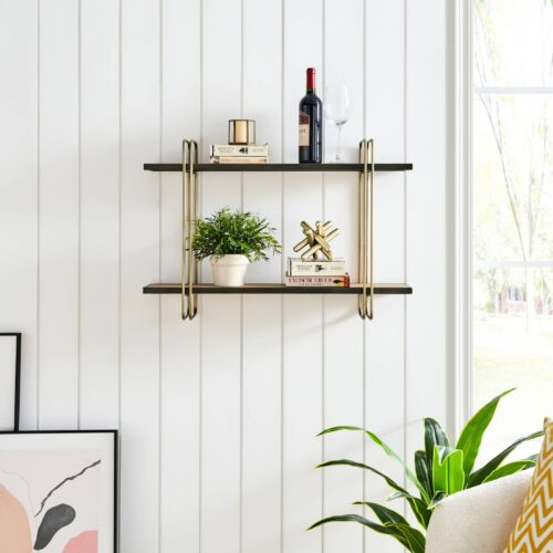 Two-Tier Warm Gold and Washed Oak Brown Wall Shelf