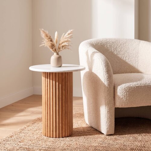 Round Marble Fluted Wood Cylinder Side Table