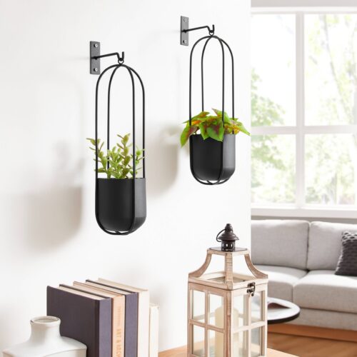 2-Piece Modern Black Oval Hanging Wall Planter Set