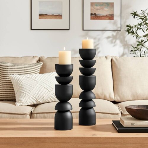 Stacked Sculptural Black Metal Candle Holder - Set of 2