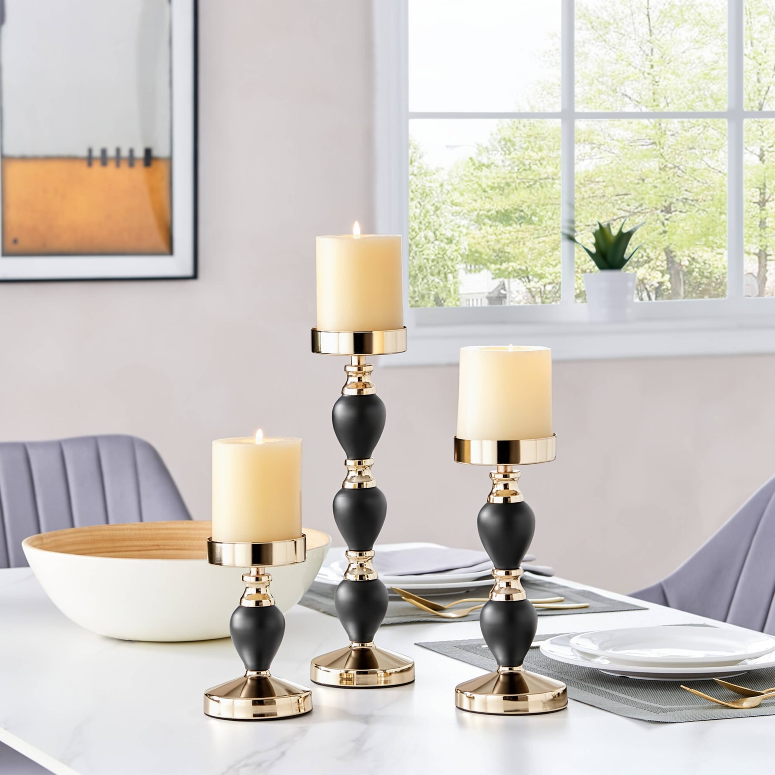 Black Gold Candlestick Taper Candle Holders - Set of 3