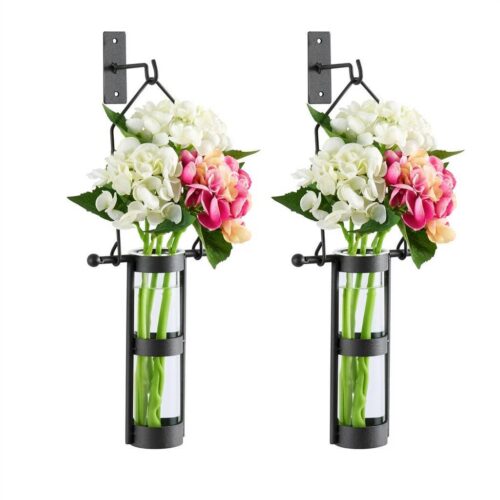 Wall Mount Hanging Glass Cylinder Vase W/Metal Cradle & Hook