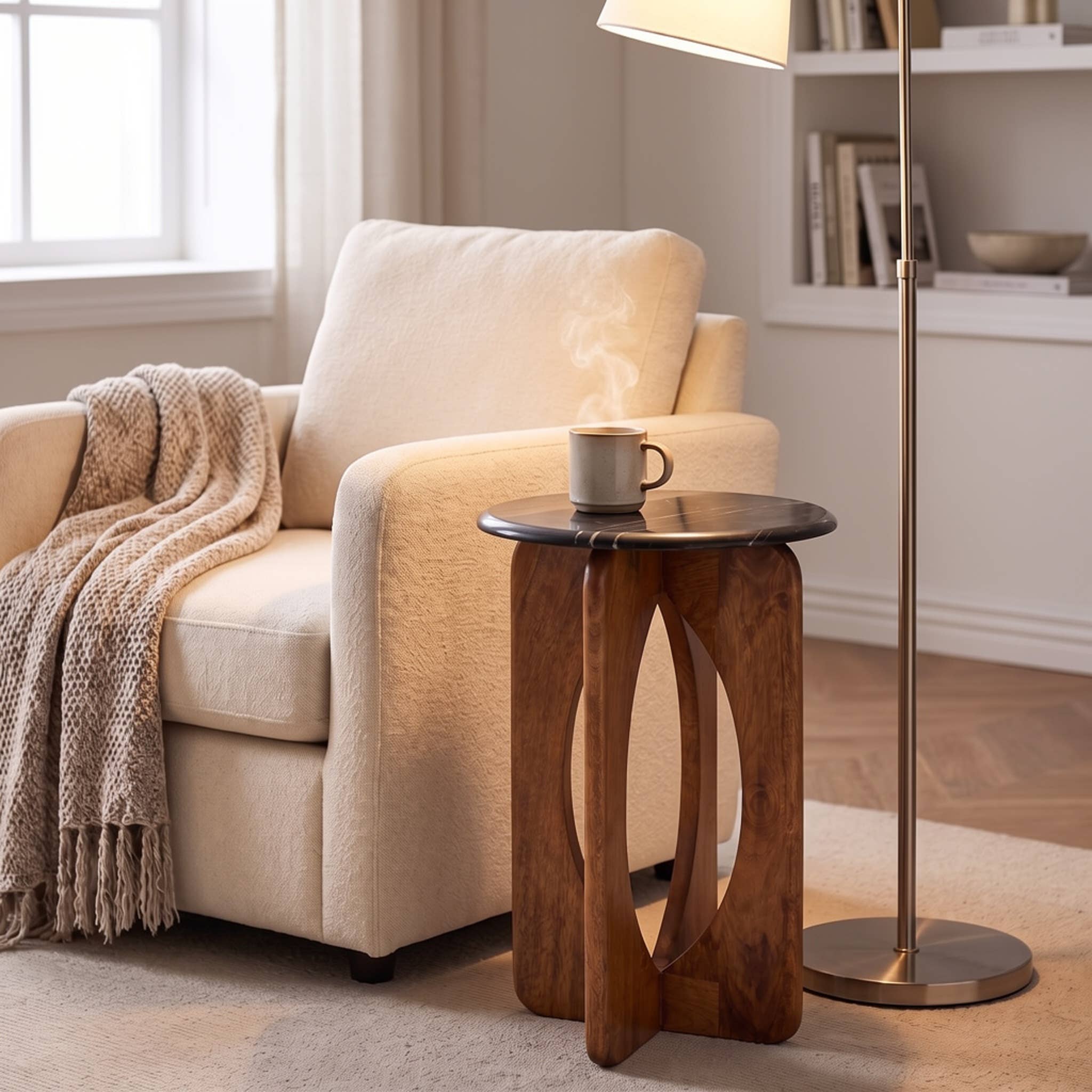 Round Black Marble Wood Cutout Side Table