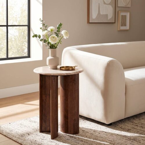 Beige Marble Wood Half Circle Base Side Table