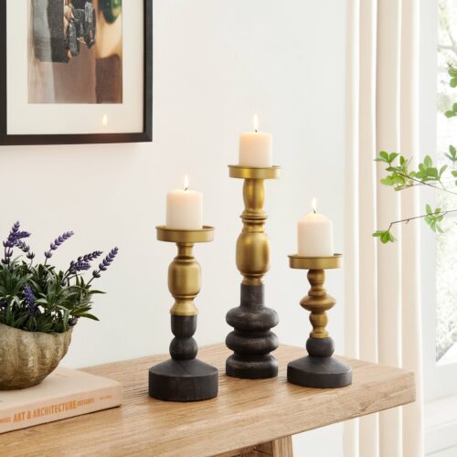 Brass Wood Candlestick Pillar Candle Holders Set of 3